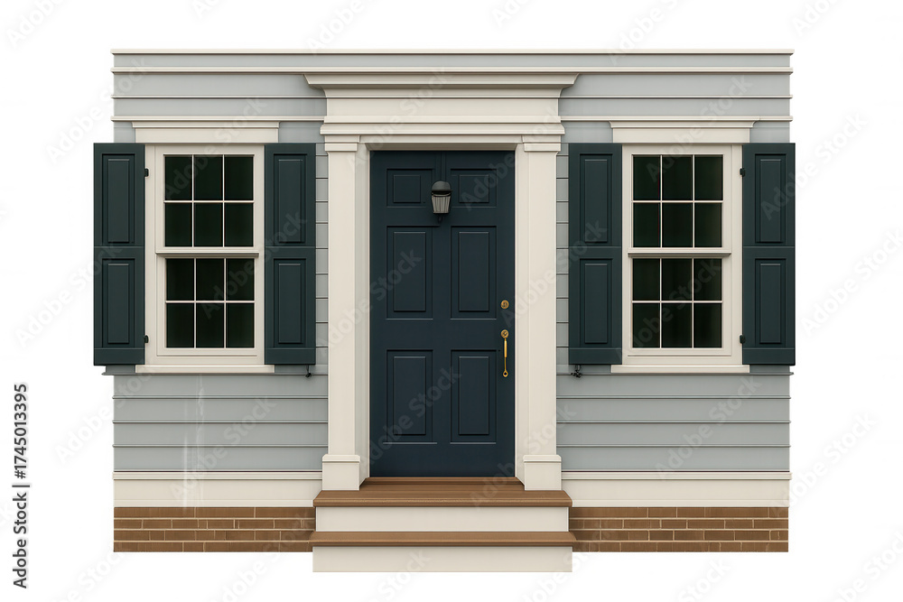 Fototapeta premium Colonial revival house entrance with dark blue door and shutters, light blue siding, and white trim, transparent background