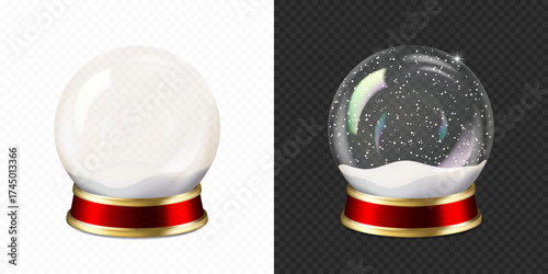 Christmas and New Year transparent snow globe with snow, isolated.	