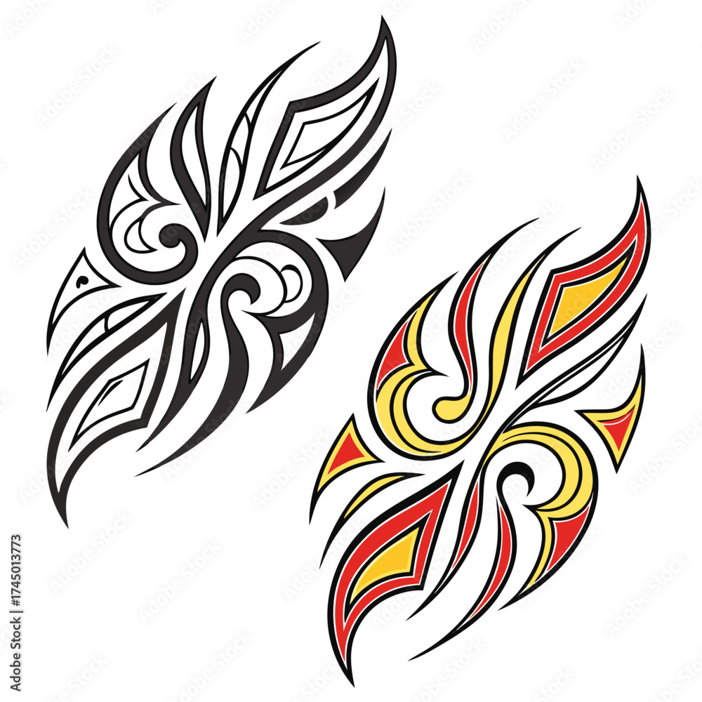 Fototapeta premium Tribal tattoo designs featuring a black and white abstract pattern and a red and yellow flame like design on a white background