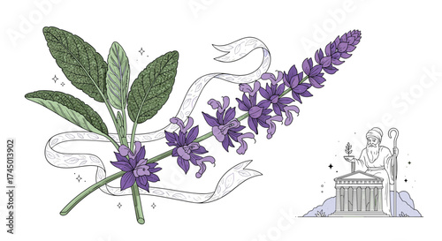 A beautiful sprig of lavender flowers with green leaves is depicted alongside a classic architectural structure in this elegant illustration.