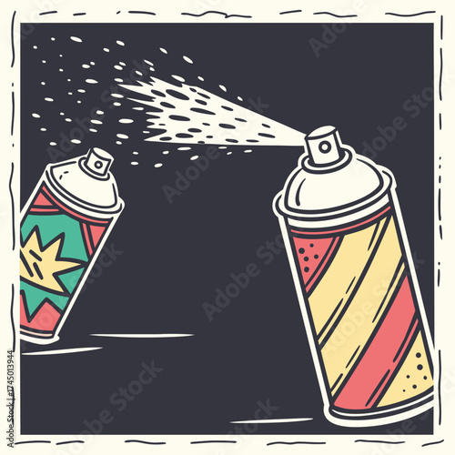 Two colorful spray paint cans create a dynamic spray of white paint against a dark background with a decorative border