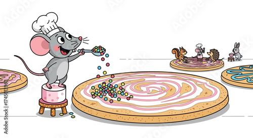 Cute cartoon mouse chef decorating a large cookie with sprinkles.