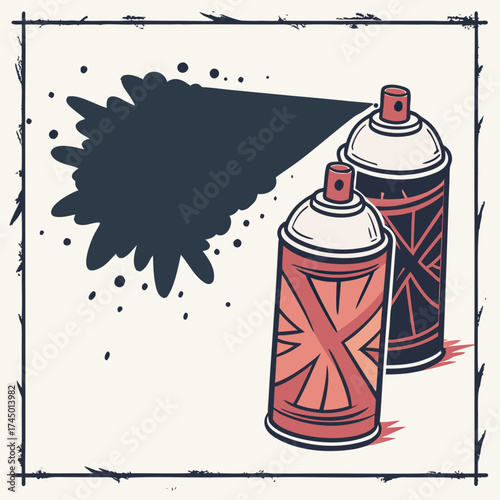 Two stylized spray paint cans creating a dark splattered cloud of paint with a distressed border
