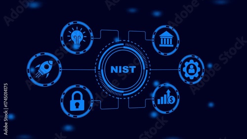 Digital Network Diagram with NIST in Center and Icons for Business Growth Security and Innovation