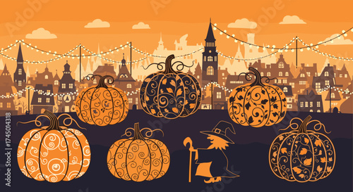 A charming pixel art scene featuring an array of decorated pumpkins and a whimsical figure in a festive autumn town.