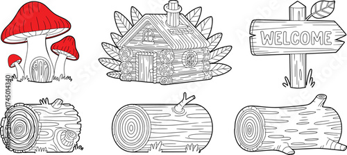 Whimsical forest mushroom illustration, rustic cabin drawing, welcome signpost art, tree log sketch, nature-themed clipart, woodland fantasy elements, decorative graphics