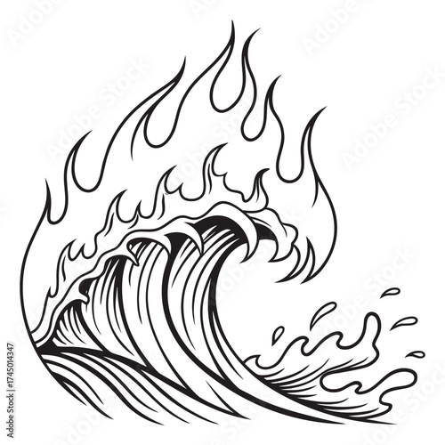 Stylized black and white illustration of a powerful ocean wave with dynamic flame like crests and splashing water droplets