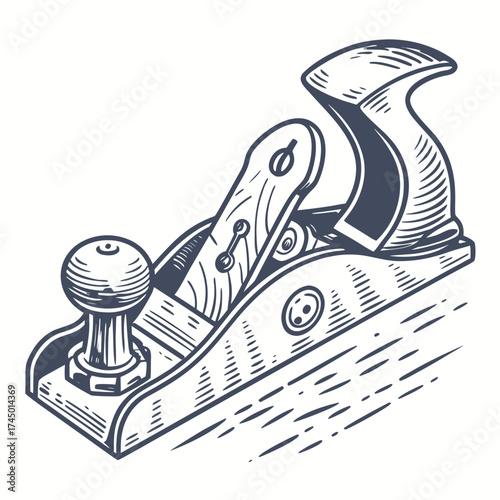 Classic woodworking hand plane tool with wooden handle and metal blade for shaping wood in a vintage illustration style