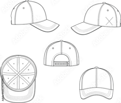 Technical baseball cap drawing, six angle views, stitching detail, adjustable strap, apparel design sketch, fashion accessory blueprint, vector illustration