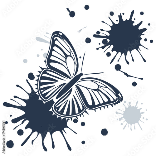 Stylized dark blue butterfly with abstract ink splatters and paint drops on a white background
