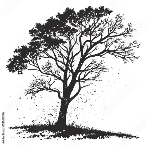 A solitary tree silhouette with a mix of leafy and bare branches stands on a grassy hill with scattered ink splatters suggesting wind or rain