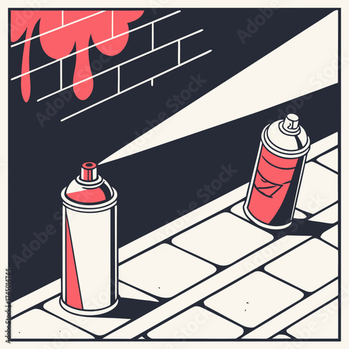 Graffiti art spray paint cans creating abstract red paint drips on a brick wall with a spotlight effect on a cobblestone street