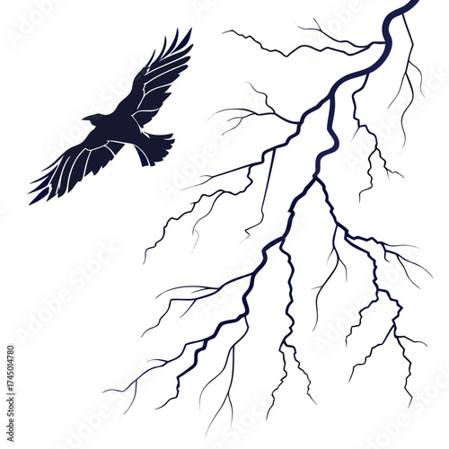 Silhouette of a soaring eagle against a dramatic dark blue lightning bolt on a white background symbolizing power and freedom