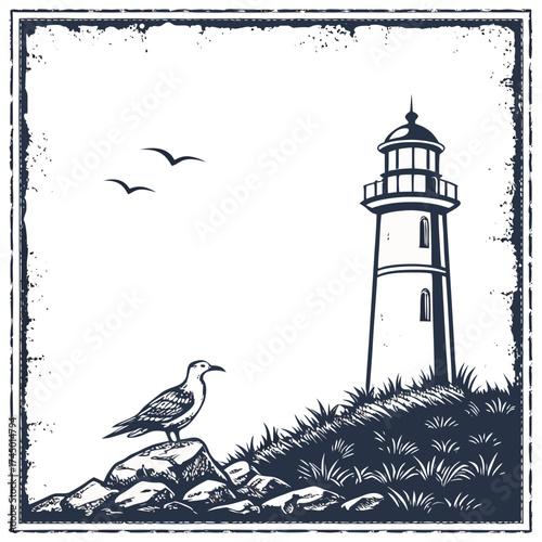 A solitary seagull rests on rocks near a tall lighthouse on a grassy cliff under a sky with two flying birds and a decorative border