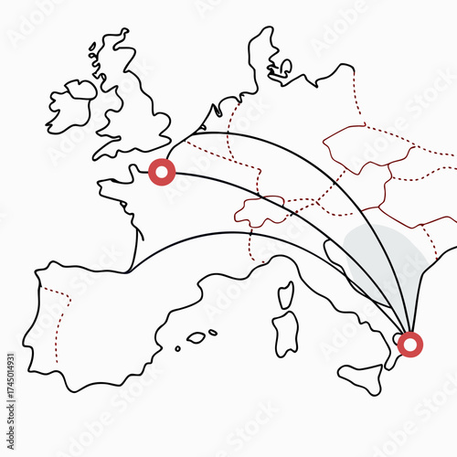 Stylized map of europe showing travel routes connecting major cities with red markers and curved black lines representing transportation links across the continent
