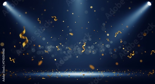 A festive stage illuminated by two spotlights with falling golden confetti and sparkling lights on a dark blue background. © Krism