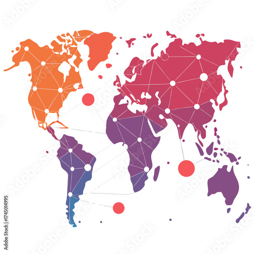 Global network connections illustrated on a world map with gradient colors and interconnected nodes representing communication and data flow across continents