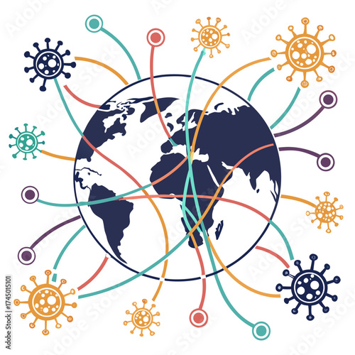 Global spread of viruses and infectious diseases illustrated with a stylized earth and connecting virus icons