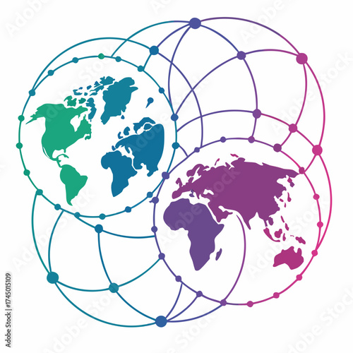 Abstract digital illustration of two interconnected globes with a network of lines and dots representing global connections and data flow
