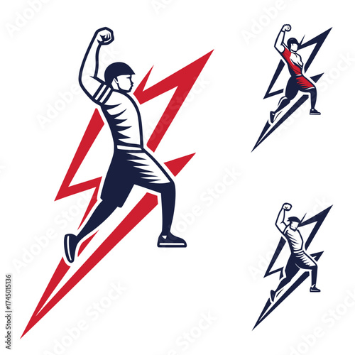 Dynamic athlete silhouette with lightning bolt symbol representing speed power and victory in sports and competition
