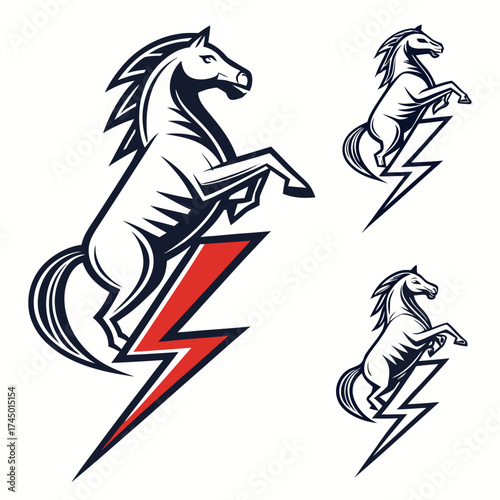 Powerful stallion rearing up with a red and blue lightning bolt symbolizing speed and strength
