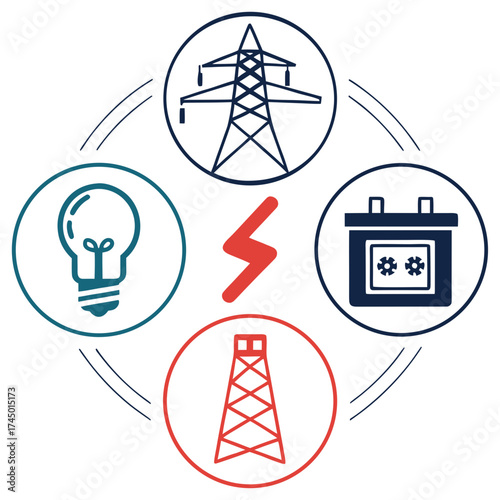 Conceptual illustration of the electricity generation and distribution cycle featuring a power pylon a battery a lightbulb and an oil rig connected by lines and a lightning bolt symbol