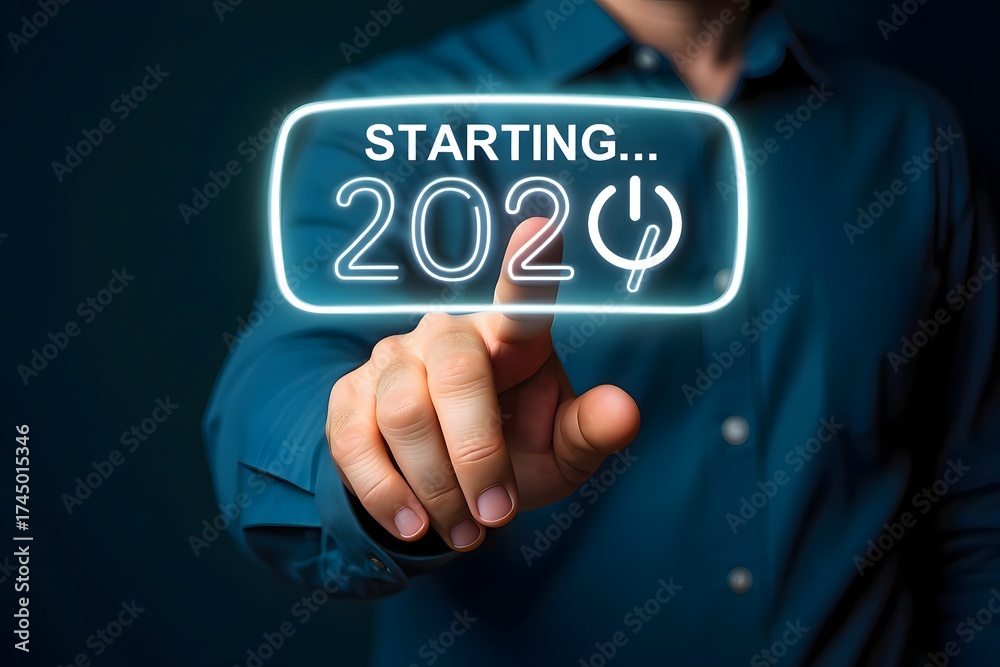 Obraz premium Person touching a neon starting year graphic with power icon on a dark blue background in studio shot