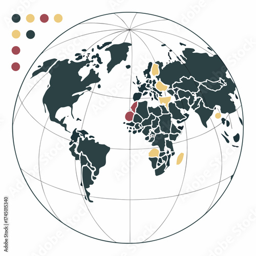 Stylized world map with highlighted countries in red and yellow against a dark blue background with grid lines and a legend