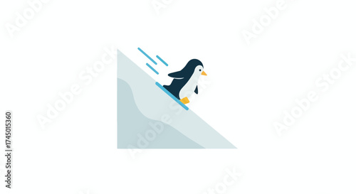 Penguin sliding down a snowy slope with speed lines.