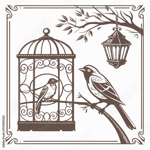 Vintage illustration of two birds one inside an ornate cage and another perched on a branch near a hanging lantern