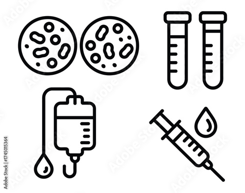 Professional medical icons for healthcare research and diagnostics featuring petri dishes, test tubes, IV bag, and syringe for scientific discovery and treatment