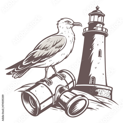 A stylized illustration of a seagull perched on a pair of binoculars with a lighthouse in the background evoking a sense of nautical adventure and exploration
