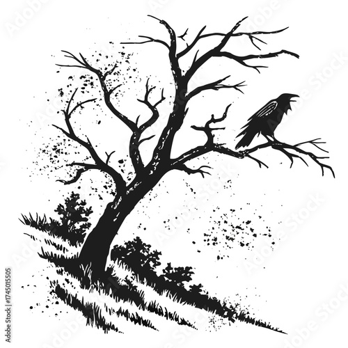 A stark black silhouette of a gnarled leafless tree with a crow perched on a branch against a white background with scattered ink splatters