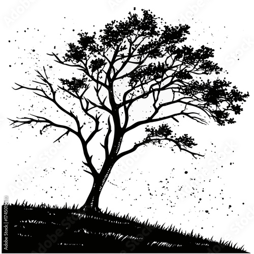 A solitary black silhouette of a deciduous tree with sparse leaves and scattered ink splatters against a white background on a grassy hill