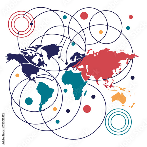 Abstract world map with interconnected lines and colorful continents representing global connections and communication networks