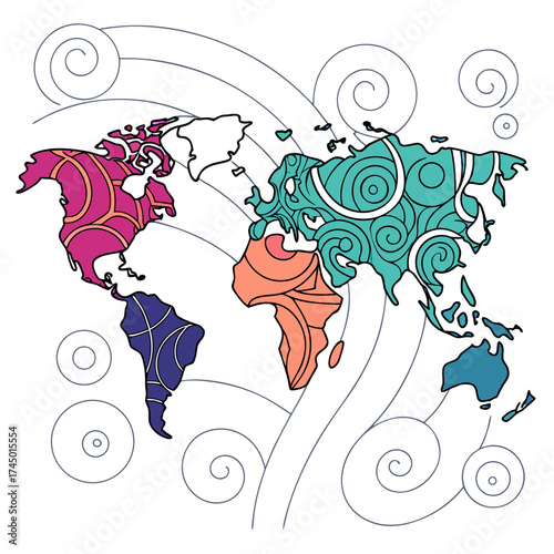 Stylized world map with colorful continents and swirling decorative elements representing global connections and movement