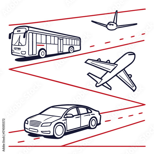 Diverse modes of transportation including a car bus and airplanes depicted in a stylized graphic with red lines indicating movement or routes