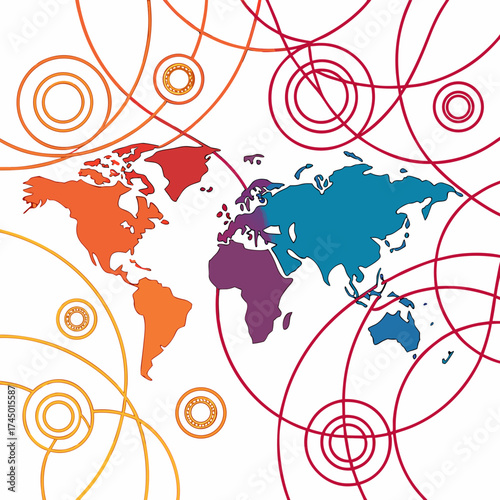Abstract colorful world map with interconnected circles and concentric rings representing global connections and communication networks