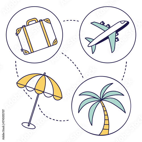 A whimsical illustration depicting the essential elements of a vacation including a suitcase airplane beach umbrella and palm tree connected by dashed lines
