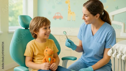 Friendly pediatric dentist visit: child and dentist interaction in bright clinic setting.