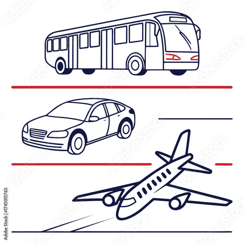 Simple line art illustrations of a bus a car and an airplane representing different modes of transportation