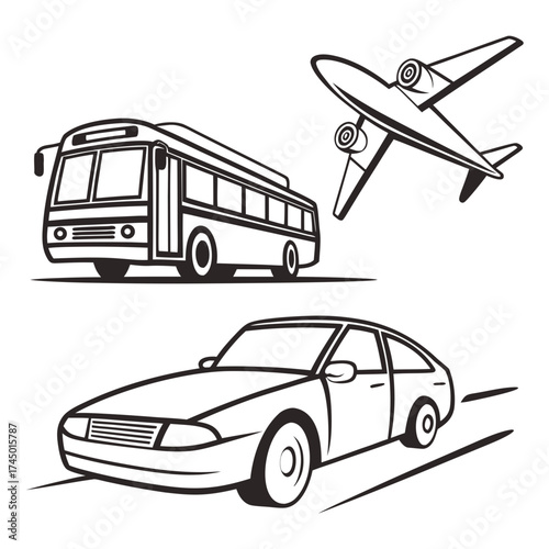 A stylized black and white illustration featuring a car in motion a bus and an airplane in the sky representing different modes of transportation