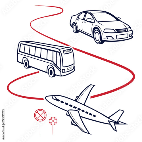Illustration of different modes of transportation including an airplane a bus and a car connected by a red line representing a route