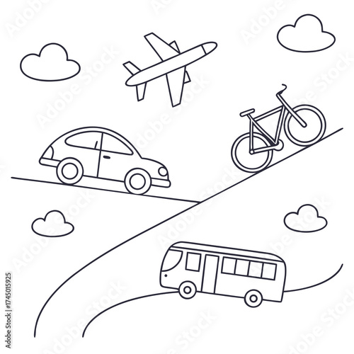 A whimsical collection of transportation modes including a car airplane bicycle and bus with simple cloud illustrations on a white background