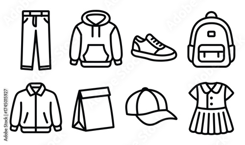 Essential collection of modern children's clothing and accessories for school and everyday adventures, featuring iconic outline designs for creative projects