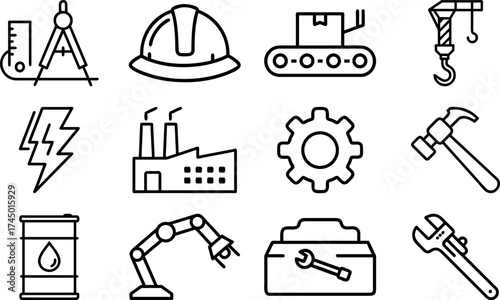 An array of industry tools illustrated in black lines on a white background, symbolizing the tools of the trade