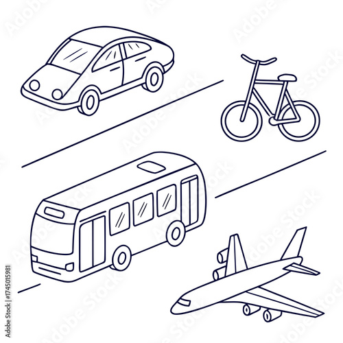 A collection of different modes of transportation including a car bus bicycle and airplane depicted as simple line art drawings on a white background