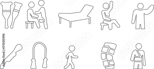 Rehabilitation Icon set Physical Therapy, Recovery, Exercise, Health, Medical Treatment, Patient Care, Wellness, and Body Healing Symbols in Modern Vector Style, walker, physiotherapy, exercise band