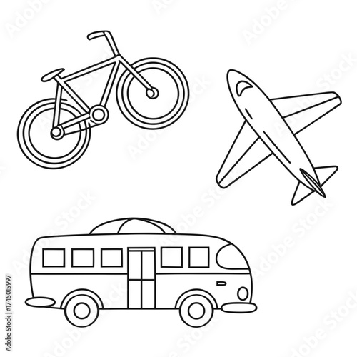 Simple line art illustrations of a bicycle an airplane and a bus representing different modes of transportation and travel