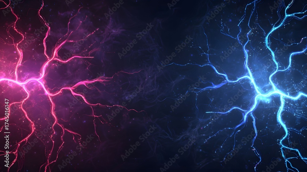 Obraz premium The image shows a digital abstract design featuring two lightning-like strikes, colored in electric blue and vibrant pink, creating a striking contrast on a dark, cosmic background.